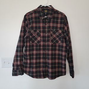 NWOT Lee Men’s Long Sleeve Button Down Collared Shirt XL Black Plaid Shacket